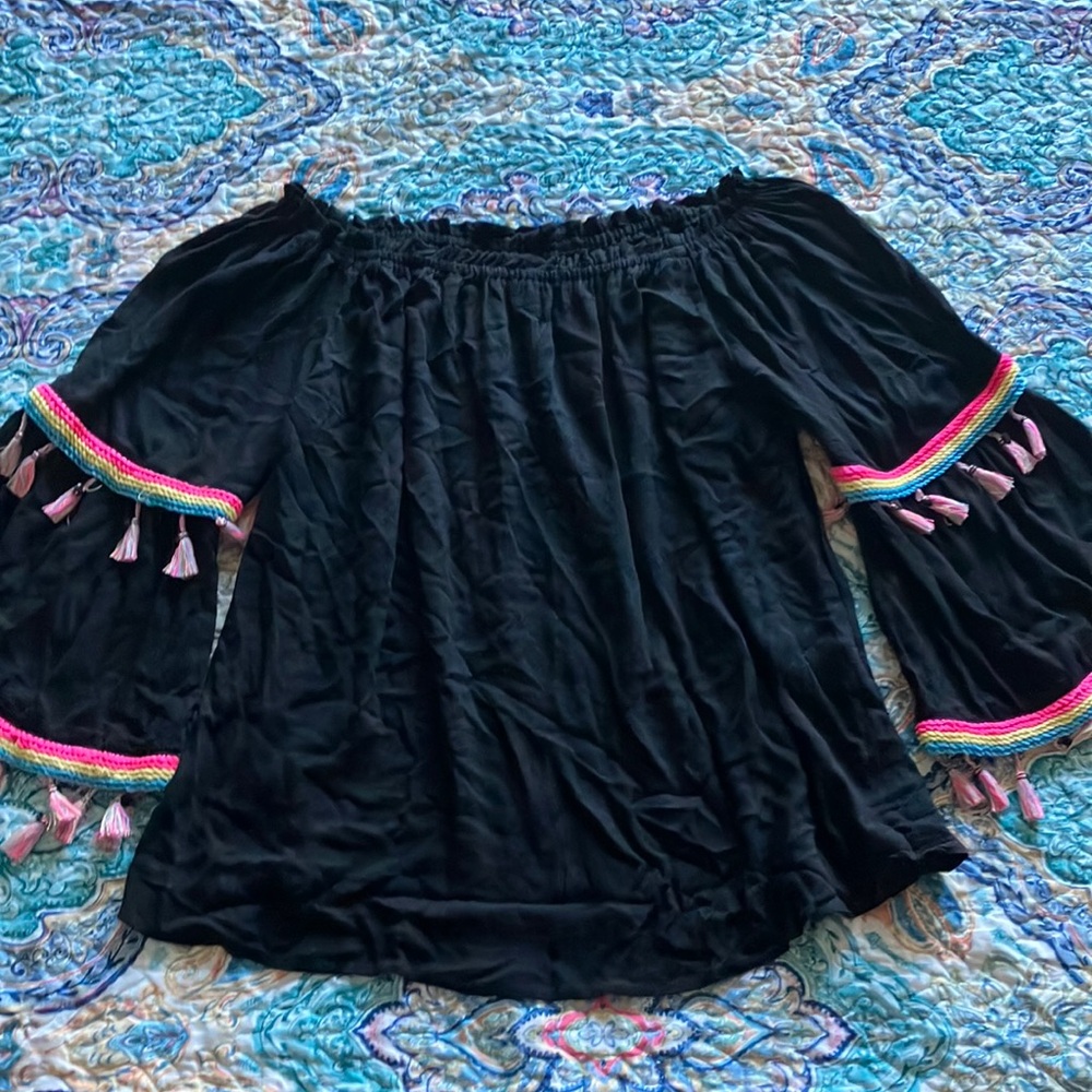 Velzera Black and Pink Smocked Bell Sleeve Blouse